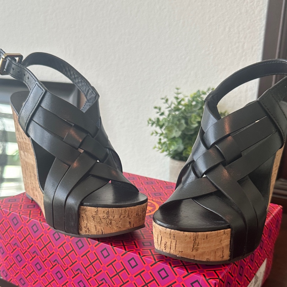 Tory Burch Black Leather Cork Wedge Sandals